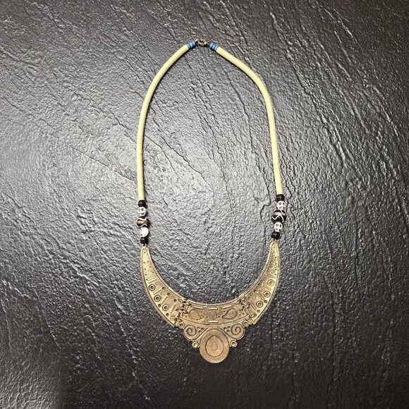 VTG Tribal Brass Crescent Necklace Turquoise Mosaic & Skull Beads Neo-Shamanic - Picture 3 of 3